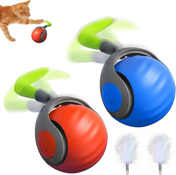 Automatic Moving Cat Toy, 2025 Upgrade Motion Activated Ball with Feather Tail, USB Rechargeable Smart Cat Toys for Indoor, Fun Exercise for Kittens (Blue and Orange)