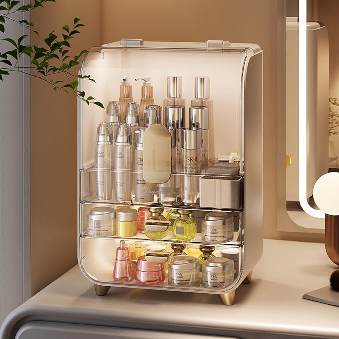 Makeup Organizer Storage Box, Skincare Cosmetic Organizer, Clear Cosmetic Display Case With Top Flip-lid and 2-Tier Drawer for Vanity, Dresser, Countertop (Pink)