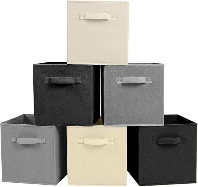 ShellKingdom Foldable Fabric Storage Cubes - Cloth Organizer Drawer for Closet & Toys, 6 Pack (Black, Beige, Grey)