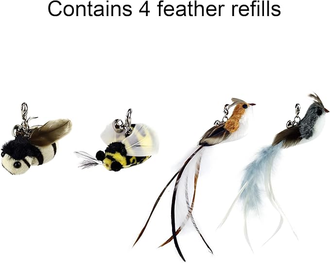 TTcat Interactive Bird and Insect Simulation Cat Toy Set with 4 Pcs Feather Refills, 29'' Flexible Steel Wire, Sturdy Wood Handle & Bell,Cat Wand Toys for Indoor Cat and Kitten.