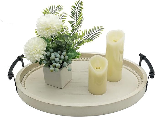 Oval Rustic Wooden Decorative Tray, Serving Tray with Metal Handles, Ottoman Coffee Table Tray, Farmhouse Centerpiece for Kitchen or Living Room (White)