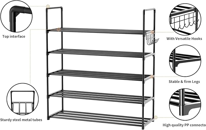 Metal Shoe Organizer,5 Tiers Shoe Storage Shoe Rack with Hooks,Fit 20-25 Pairs,Adjustable Shoe Shelf for Entryway,Hallway,Bedroom,Metal Bottom Support