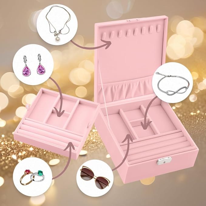 2 Layer Jewelry Box, Jewelry Organizer For Woman, Men & Girls Large Case 8.5x7.5x3.3in | PU Leather Jewelry Gift Storage Boxes For Ring, Necklace & Bracelet With Lock (Pink)
