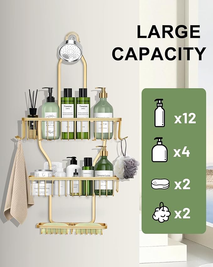 Shower Caddy Hanging - Never Rust Shower Hanging Organizer - Aluminum Over the ShowerHead Caddy with Soap Basket and 6 Razor/Sponge Hooks (Gold)