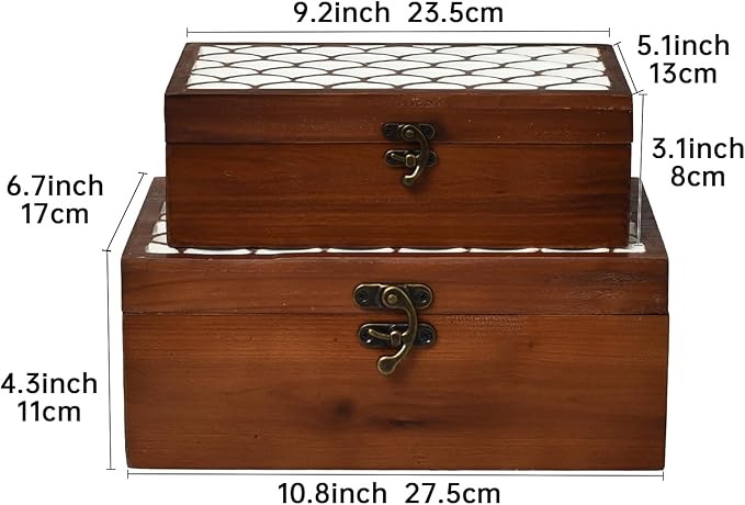 Wooden Storage Boxes Set of 2 with White Inlay Lid – Decorative Keepsake Boxes with Metal Latch, Rustic Wooden Organizer for Jewelry, Photos, Crafts, and Home Decor