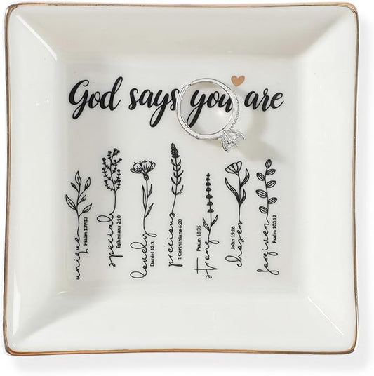 God Says You Are Flower Ring Dish-Christian Religious Spiritual Gifts for Women Friends Mom Sister Christmas Birthday
