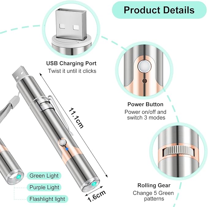 TBTeek Cat Toy, Green Light, with Metal Case, Rechargeable, 7 Patterns, Interactive Kitten Pet Dog Chase Light Toy for Fun Playing Exercise (2 Pieces)