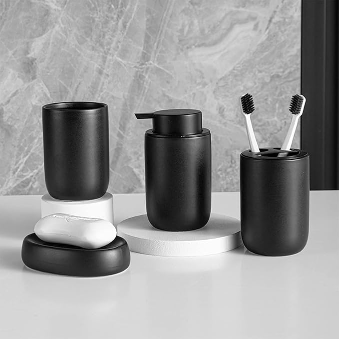 Hand Soap Dispenser for Bathroom Decro, Ceramic Liquid Pump Bottles Refillable Dish Dispenser for Kitchen Farmhouse Colleage Dorm, Matte Black 2 Pack