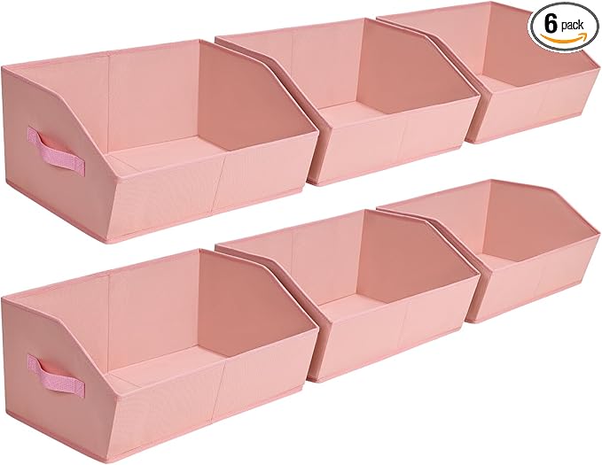 Closet Baskets for Shelves Trapezoid - Decorative Storage Baskets with Handle, Closet Bins for Organization, Shelf Storage Bins for Clothes, Books, Home, Office, 6 Pack, Pink