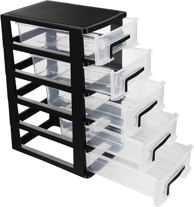 SAFIGLE Drawer Storage Cabinet：5 Clear Plastic Drawers Organizer for Home Office Vertical Design Storage Bin for Sundries Crafts and Stationery Black