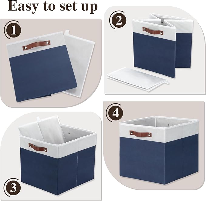 Temary Cube Storage Bins 4Pack Foldable Cube Baskets for Clothes Shelf Storage Basket with Handles, Storage Box Fabric Storage Organizer Bins for Home (White&Blue, 13x15x13 Inch)