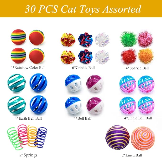 LASOCUHOO Cat Toys Kitten Assortment - Rainbow, Crinkle, Sparkle, Bell & Sisal Balls for All Cats - 30 Packs