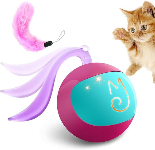 Migipaws Interactive Cat Ball Toy Set, Fun Tracker, Automatic Rolling Chase Ball with Fluffy Tail, A Small Mice, Rechargeable (Rose)