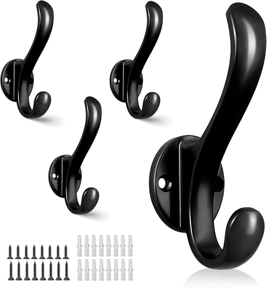 4 Pack Coat Hooks Wall Mount Heavy Duty Utility Retro Double Hooks for Hanging Coats,Hat, Towel, Key, Robe, Scarf, Bag, Cap (Black)