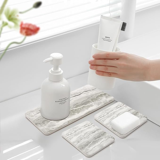 4 Pcs Water Absorbing Stone Trays for Bathroom Sink Instant Drying Mats for Kitchen Counter Dish Trays Decor Hand Soap Dispenser Caddy Sponge Holder Marble Diatomite Coaster Small Vanity Bathroom Tray