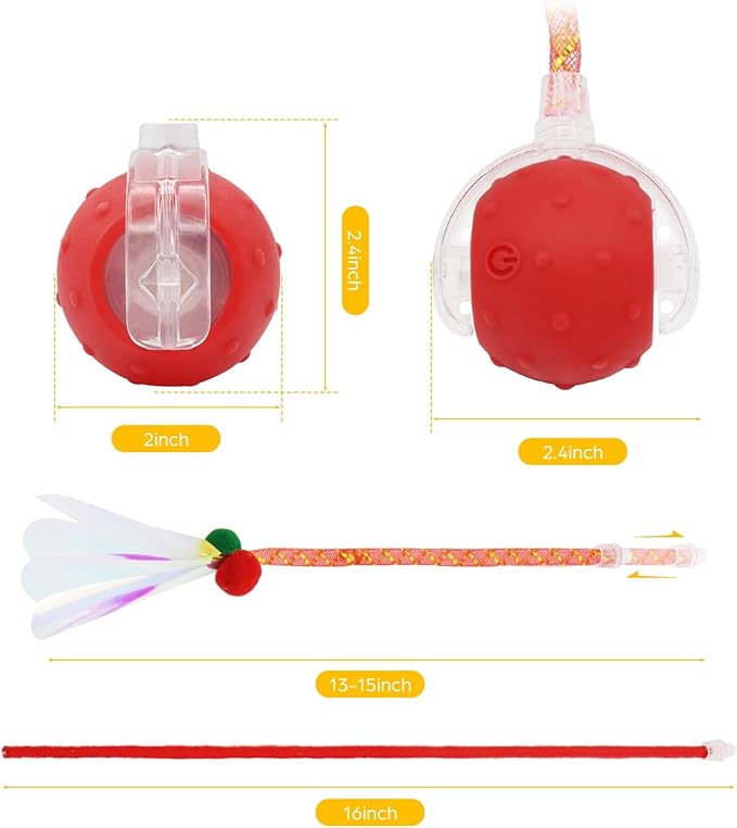 Interactive Cat Toys, Automatic Moving Cats Toy with Elastic Mesh Bell Tail, Rechargeable Cat Ball for Bored Indoor Adult Cats, Energetic-cat (Red)