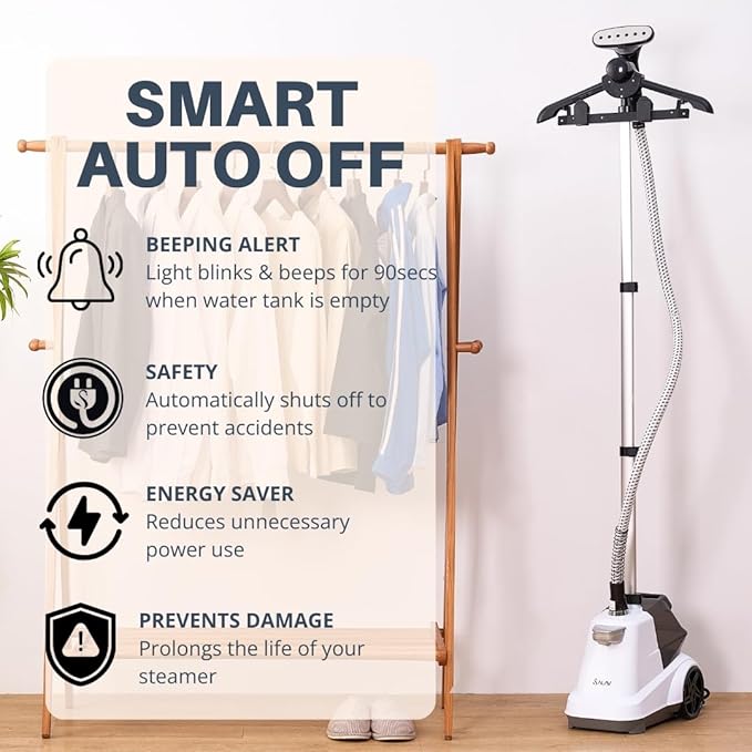 SALAV Commercial-Grade Standing Garment Steamer for Clothes with Auto-Off Safety 1800W Powerful Steam X-Large 3L Water Tank, 90-Min Continuous Use, Pedal-Control System, Beeps when Out of Water, White