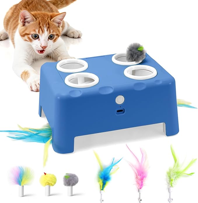 Interactive Cat Toy for Indoor Cats, 3 Modes Feathers Toy, Rechargeable 4 Holes Mole Cat Toys, Cheese Box for Kitten, 6 Accessories (Blue)