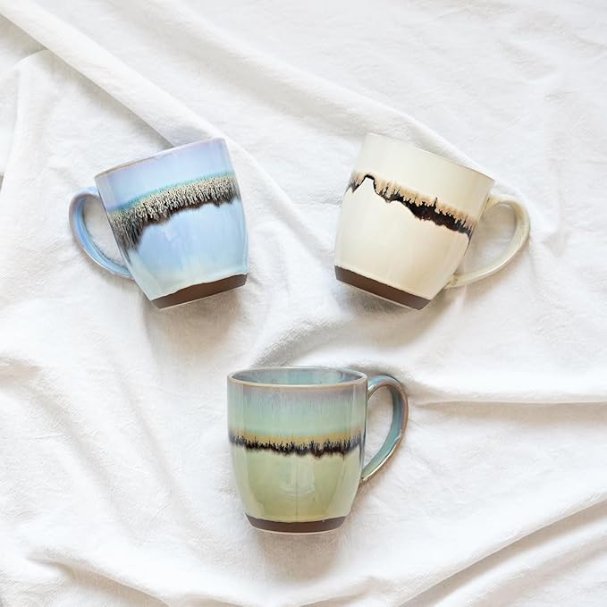 Bosmarlin Ceramic Coffee Mug Set of 4, 17 Oz, Stoneware Coffee Cups with Big Handle, Microwave Safe, Unique Reactive Glaze(17 Oz, Beige)