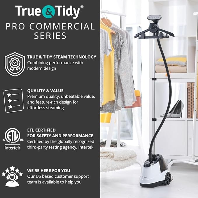 True & Tidy Heavy Duty Commercial Full Size Standing Garment Steamer for Clothes with Extra Large 2.9L (98 oz) Water Tank for 90+ mins of Steam Time, 1800 watts of Powerful Steam, 3 Settings, White