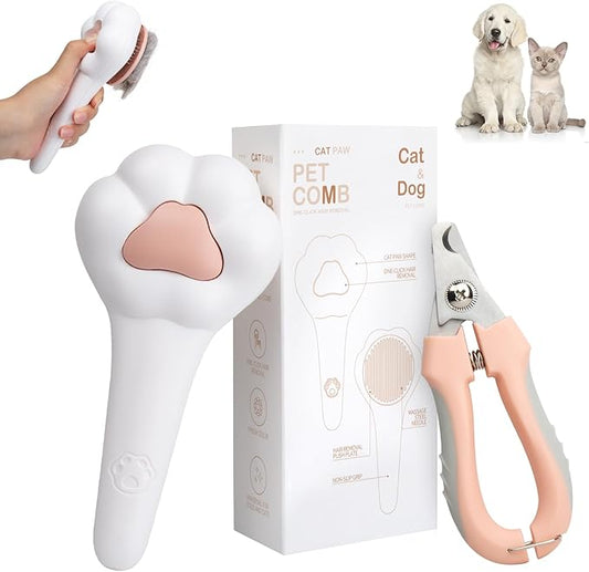 Self-Cleaning Cat Brush for Shedding with Cat Nail Clipper 2-Piece Set,Cat Brushes for Indoor Cats and Cat Nail Trimmer with Safety Guard Protective,Pet Grooming Kit for Cats and Dogs