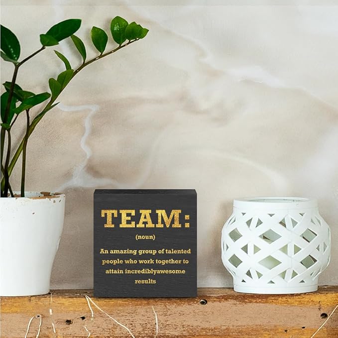 Motivational Team Noun Office Decor Wooden Box Sign, Office Desk Decor Cubicle Desk Accessories, Office Decorations for Work, Coworker Gifts Table Shelf Plaque Sign, Inspirational Wall Decor, Black