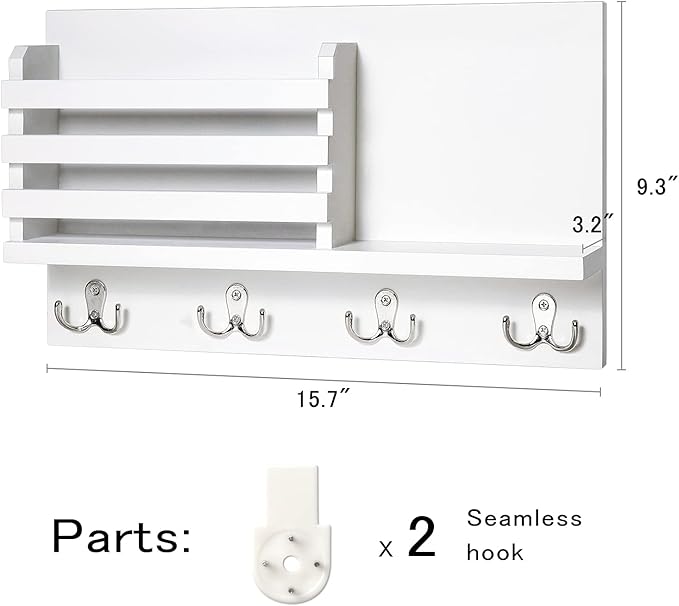Dahey Wall Mounted Mail Holder Wooden Key Holder Rack Mail Sorter Organizer with 4 Double Key Hooks and A Floating Shelf Rustic Home Decor for Entryway or Mudroom,15.7" W x9.3 Hx3.2 D, White