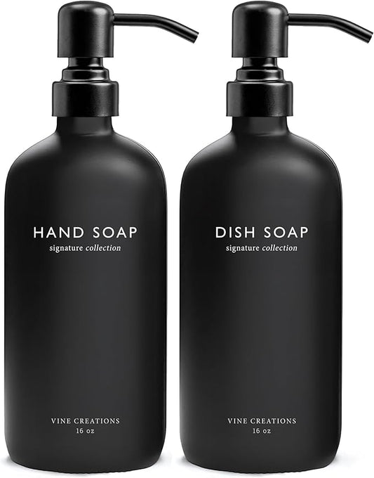 Vine Creations Black Glass Soap Dispenser Set, Dish Soap and Hand Soap Dispenser Set with Stainless Steel Pump, 16 oz Glass Dispensers for Kitchen Bathroom Decor (Matte Black Bottle/Matte Black Pump)