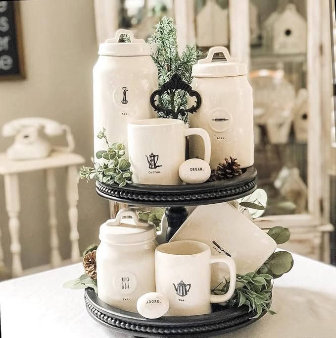 2 Tiered Tray Wooden Serving Stand by Felt Creative Home Goods. Small Beaded Tray for Home Decor Display Farmhouse Country Decoration Kitchen or Dining. Includes 3 Finial Custom Handles (Black)