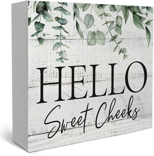 Rustic Bathroom Decor Farmhouse Hello Sweet Cheeks Wooden Sign, Toilet Rules Decoration for Farmhouse Apartment Shelves Toilet Restroom Home Tabletop Desk, Modern Toilet Shelves Accessory (Eucalyptus2)