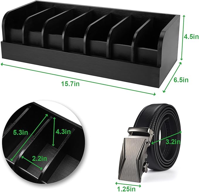 GTI Belt Organizer, 7 Compartments Belt Organizer for Closet and Drawer, Bamboo Display Case for Tie and Belt, Belt Storage Organizer for Men Women (Black)