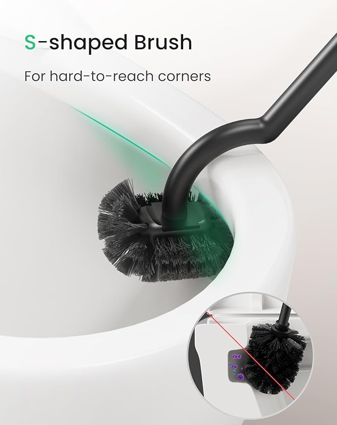 Cesun Toilet Brush and Holder Set - Curved Design Toilet Brush for Deep Cleaning Under Rim, 304 Stainless Steel Toilet Bowl Brush and Holder for Bathroom, Rv, Black(2 Replaceable Brush Head Included)