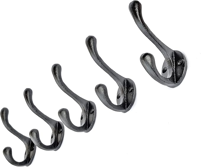 5 Pack Decorative Cast Iron Heavy Duty Double Hooks, Wall Mounted Coat Hooks, Vintage Inspired (Antique Black) (Cornish Hook)