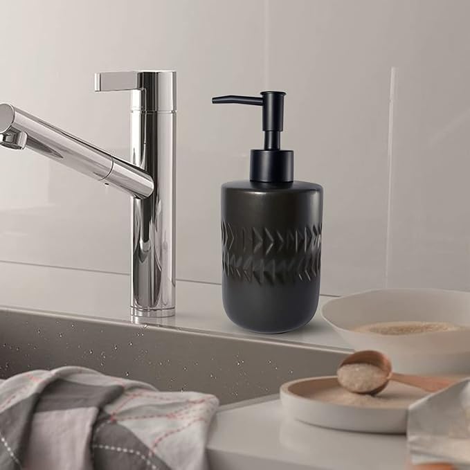 Black Soap Dispenser for Bathroom,Cylindrical Lotion Dispenser,12oz Ceramic Relief Hand Dish Soap Dispenser,Refillable Liquid Dispenser for Kitchen,Matte Black Pump(Relief Black)