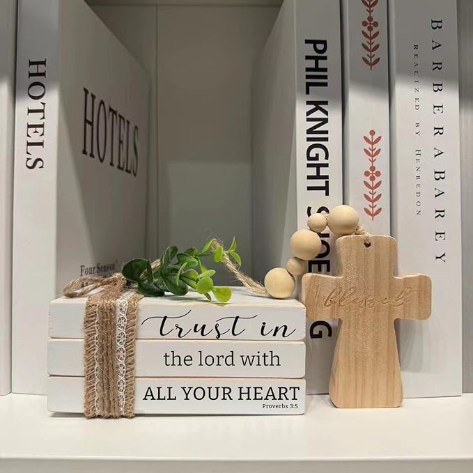 Mini Bible Scripture Book Stack, Farmhouse Christian Tiered Tray, Rustic Wooden Bead Tassels and Cross for Housewarming Gift (daztbible07)