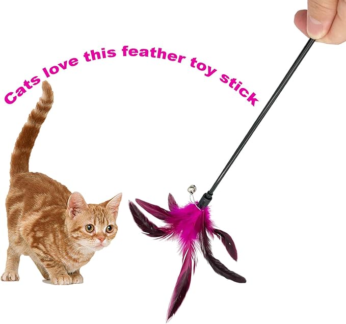 Cat Wand Toy Feather Stick Cat Toys, 8 Pieces Interactive Cat Toy Feathers Wand for Indoor Cats