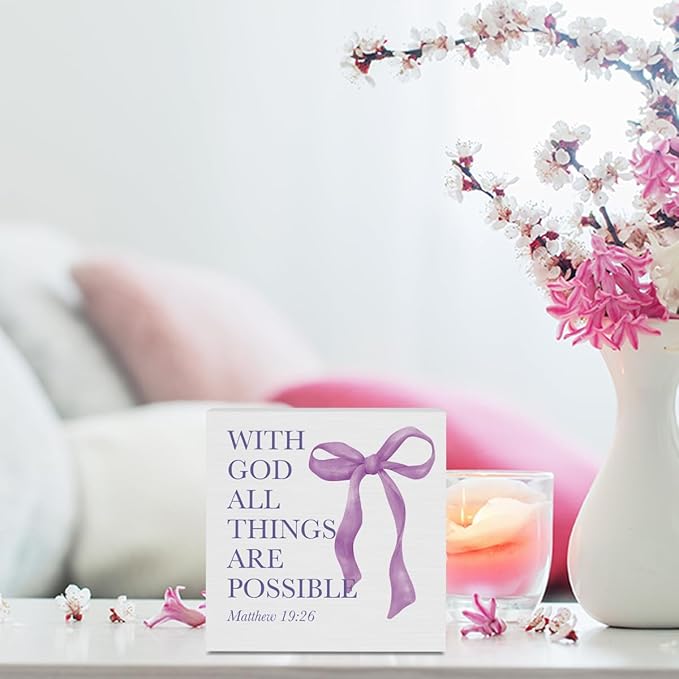 Purple Bow Room Bedroom Bathroom,Purple Decor,Inspirational Bible Verses Decorations Butterfly Decorations for Teen Girls Gifts Wooden Box 5 x 5 Inch