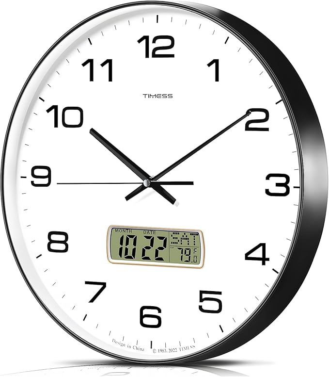 Wall Clock, 13" Dial Non-Ticking Silent Battery Operated Analog with LCD Display for Perpetual Calendar and F° Temperature, Ideal Modern Home, Bedroom, Kitchen, Office Decor(Black)