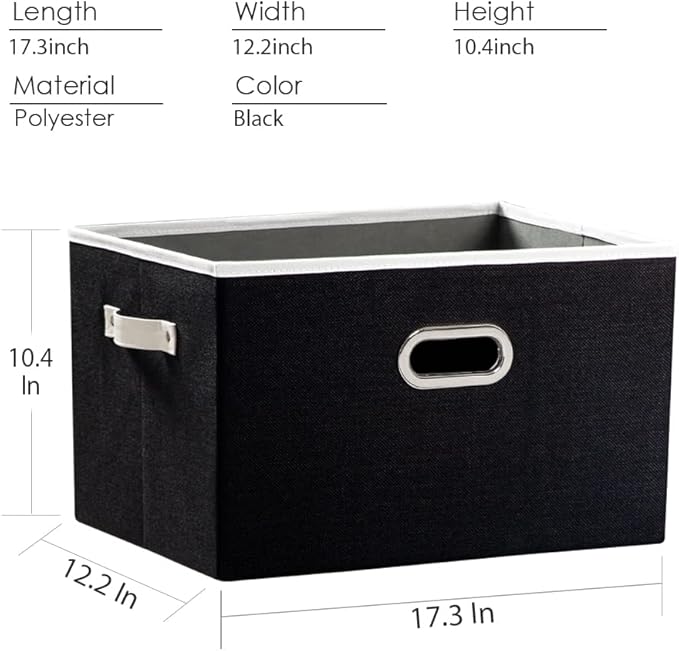 PRANDOM Larger Collapsible Storage Bins for Closet [5-pack] Decorative Linen Fabric Storage Baskets Cubes with Leather/Metal Handles for Living Room Black (17.3x12.2x10.4 Inch)