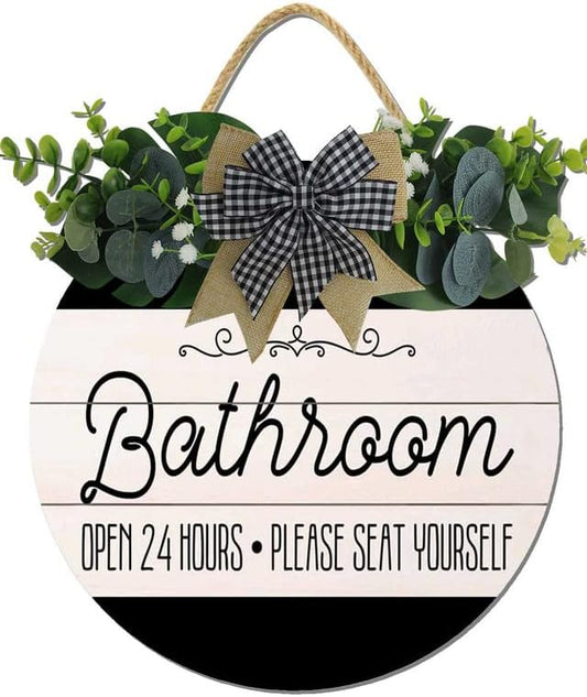 Bathroom Decor,Bathroom Open 24 Hours Please Seat Yourself Sign,Rustic Round Wooden Wreath Sign,Modern Farmhouse Home Accent For All The Seasons