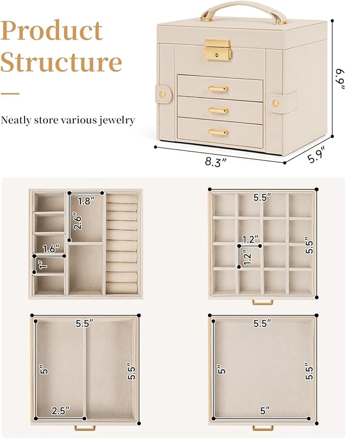 TORIBIO Jewelry Box for Women, Leather Jewelry Organizer with Mirror & Lock, 4-Tier Jewelry Storage Organizer with 3 Drawers for Girls/Women/Mothers, Necklace Earring Bracelets Holder Organizer