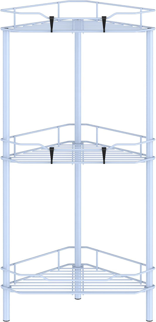 3 Tier Floor Standing Corner Shower Caddy Organizer Shelf with Hooks, Bathroom Shelves Stand Rack, Blue