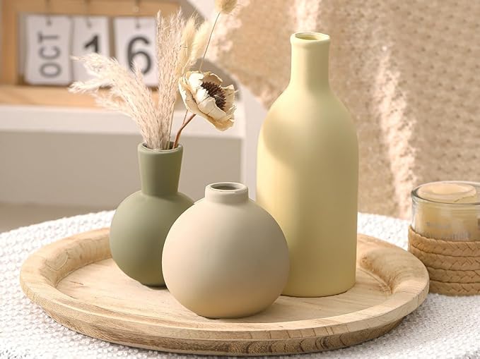 Vases Set of 3, Ceramic Vases Home Decor Rustic Vase Set Table Decor Vase Pottery Vases for Bouquet Pampas Grass Dried Fresh Flowers, Living Room Kitchen Bedroom Bathroom Entryway -Light Color