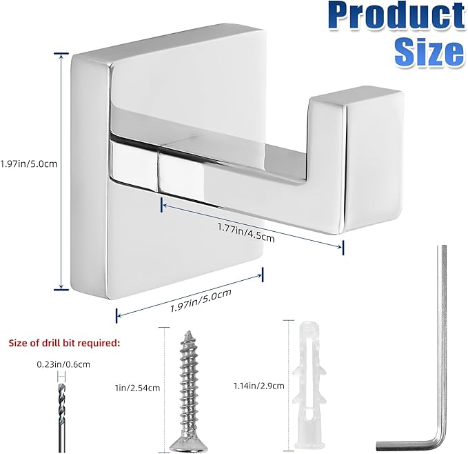 Chrome Polished Towel Hooks for Bathrooms, Heavy Duty Wall Mounted Stainless Steel Modern Hook, 4 Pack – Ideal for Hanging Towels, Robes, Coats, in Kitchen, Bedroom, Bathroom, or Hotel