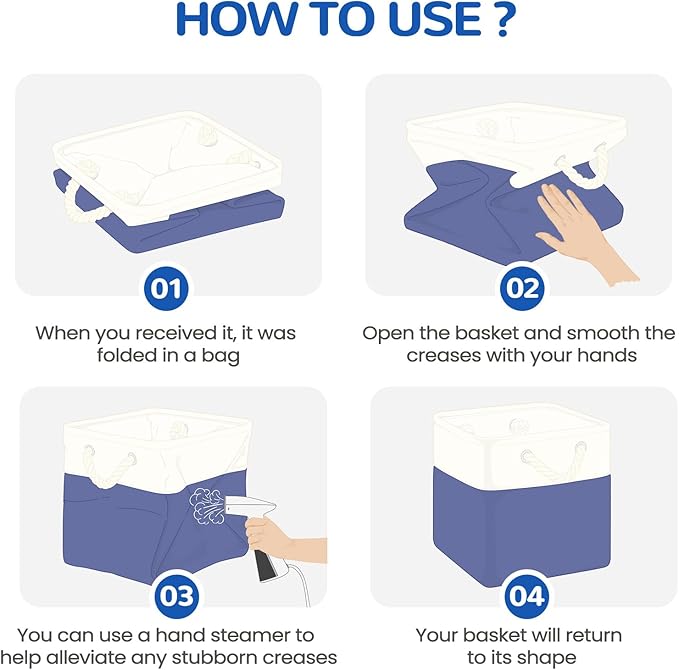 12 x 12 Inch Cube Storage Bins, 4 Pack Fabric Storage Basket with Handles, Foldable Boxes Organizer for Shelf Baskets for Home, Clothes, Toys (White/Blue)