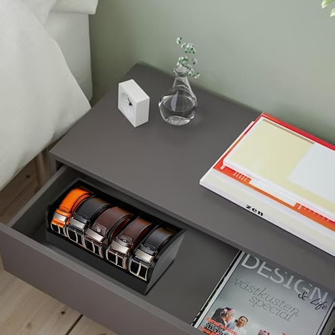 GTI Belt Organizer, 5 Compartments Belt Organizer for Closet and Drawer, Bamboo Display Case for Tie and Belt, Belt Storage Organizer for Men Women (Black)