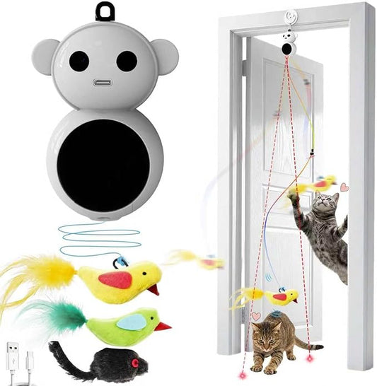 Interactive Cat Toys for Indoor Cats - 2 in 1 Automatic Laser Pointer Cat Toy with Feather Flying Bird，Smart Moving Mouse Wand Toy, Auto On/Off Hanging Toys for Bored Kitten & Adult Cats(Grey)