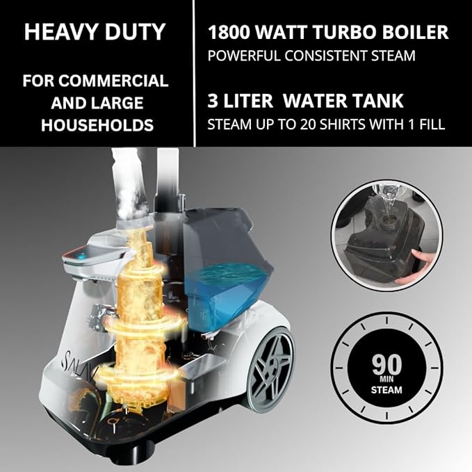 SALAV Heavy Duty Commercial Full-Size Garment Steamer with Foot Pedals and Extra Large 3L (101.5 oz) Water Tank, 1800 watts, 90+min of Continuous Steam (White)