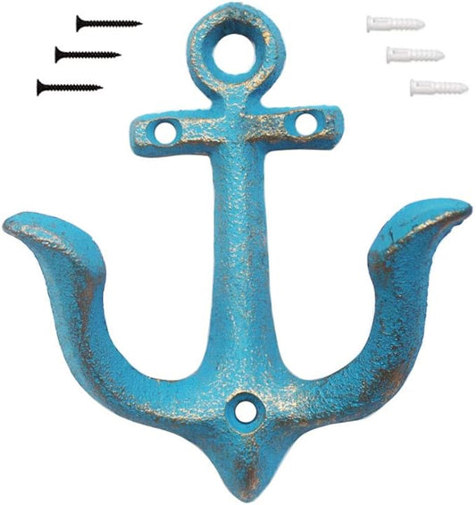 KiaoTime (Blue) Vintage Rustic Cast Iron Nautical Anchor Design Wall Hooks Coat Hooks Rack, Decorative Wall Mounted Antique Shabby Chic Metal Home Bathroom Towel Coat Hooks Hanger