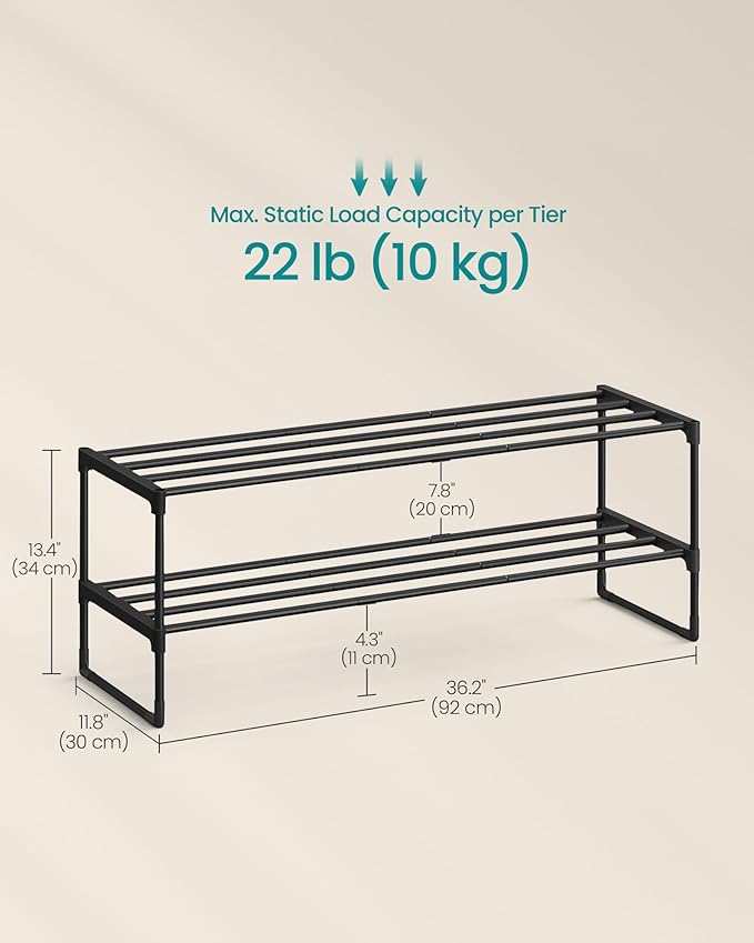 SONGMICS Shoe Rack, 2-Tier Shoe Organizer, Metal Storage Shelf, Upright or Upside Down, for 12-15 Pairs, Stackable, for Entryway, 11.8 x 36.2 x 13.4 Inches, Black ULSA12BK